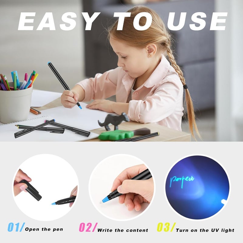 Daemson Invisible Ink Pen, Spy Pen with 9 PCS Mini UV LED Keychain Flashlight, Disappearing Ink Magic Pens with Black Light Markers for Secret Notes, Fit for Christmas Halloween Holiday Gifts (9 PCS) - Image 4